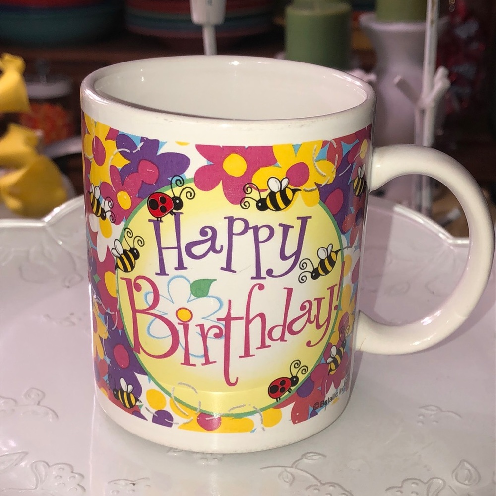 HAPPY BIRTHDAY Mug rainbow flowers with bees and beetles